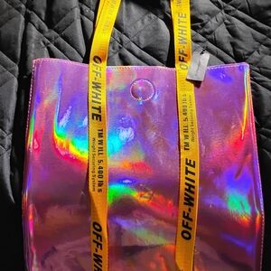 Off-White Iridescent Holographic Tote with Yellow Logo Straps